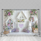 Aperturee - Aperturee White Wood Wall Eggs Bunny Floral Easter Backdrop